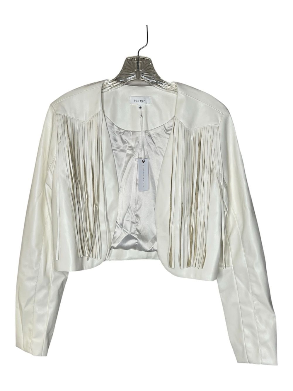HERSY White Fringe Cropped Faux Leather Jacket Sz M